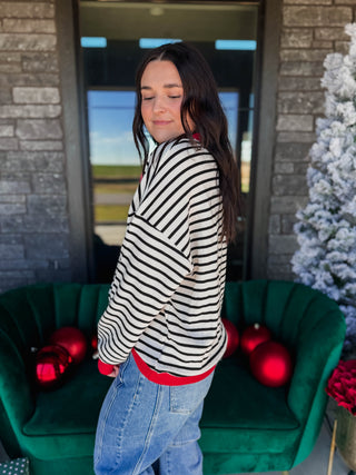 Snow Day Striped Pullover-Ivory/Red