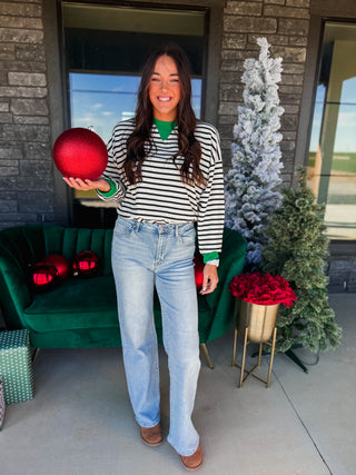 Snow Day Striped Pullover-Ivory/Green