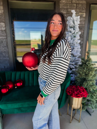 Snow Day Striped Pullover-Ivory/Green