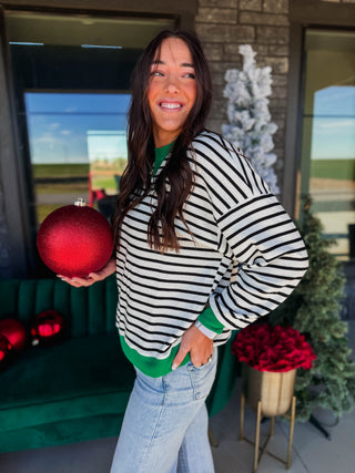 Snow Day Striped Pullover-Ivory/Green