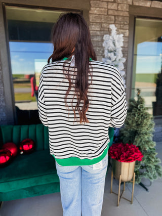 Snow Day Striped Pullover-Ivory/Green