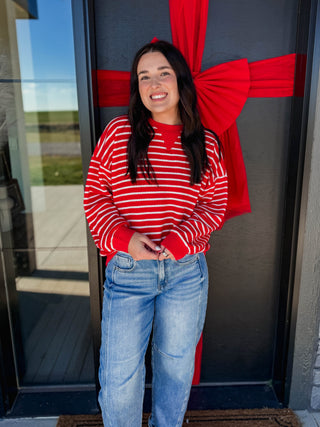 Snow Day Striped Pullover-Red