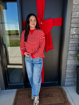 Snow Day Striped Pullover-Red