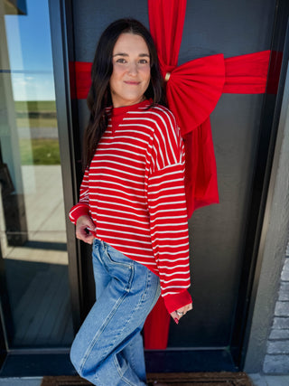 Snow Day Striped Pullover-Red