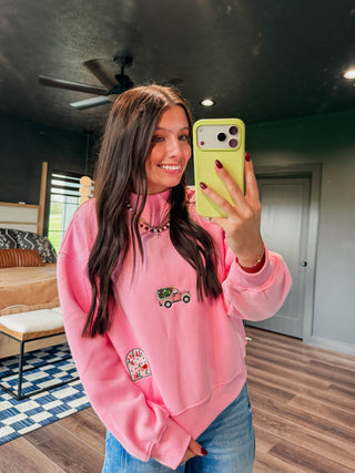 Pink Christmas Patch Mock Neck