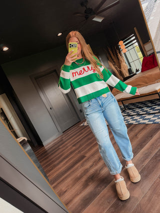 Merry Color Block Sweater-Green/White