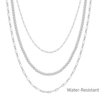 Sliver Triple Chain Beaded Necklace