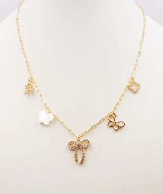 Multi Gold Bow & Butterfly Charm Necklace