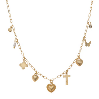 Gold Heart, Cross & Clover Charm Necklace