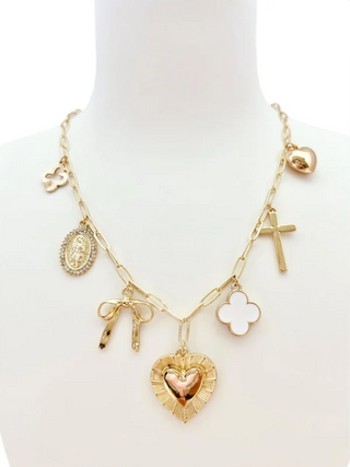 Gold Heart, Bow, Clover & Cross Charm Necklace