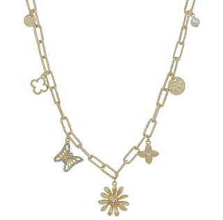 Gold Butterfly, Flower, & Clover Charm Necklace