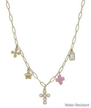 Gold Chain Beaded Cross, Pink Cross, & Star Charm Necklace