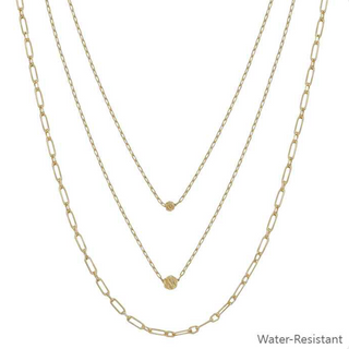 Gold Chain Bead Triple Layered Necklace