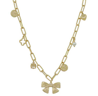 Gold Bow, Clover, & Puffy Heart Charm Necklace