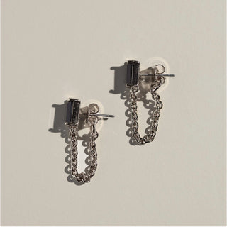 Black Baguette Chain Drop Studs-Silver