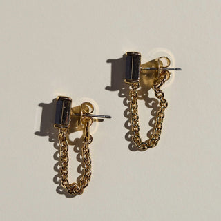 Black Baguette Chain Drop Studs-Gold