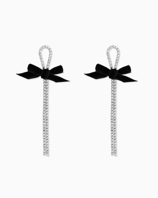 Black Velvet Bow Rhinestone Earrings-Silver