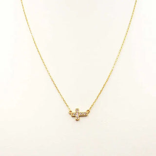 Small Sideways Rhinestone Cross Gold Chain Necklace