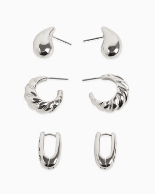 Set of 3 Chunky Dome Earring-Silver