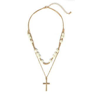 Gold & Pearl Beaded Layered Cross Necklace