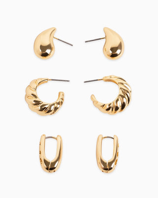 Set of 3 Chunky Dome Earring-Gold